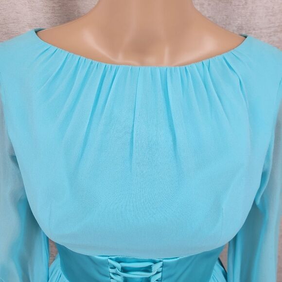 Vintage 60s Bright Blue Fairycore Midi Dress Corset Bodice Long Sleeves Chiffon - Picture 5 of 13